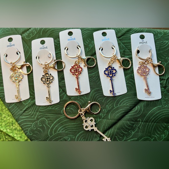 Mint Key-Shaped Charm Keychain in Gold tone and Various Colors, White Shown - Picture 1 of 4